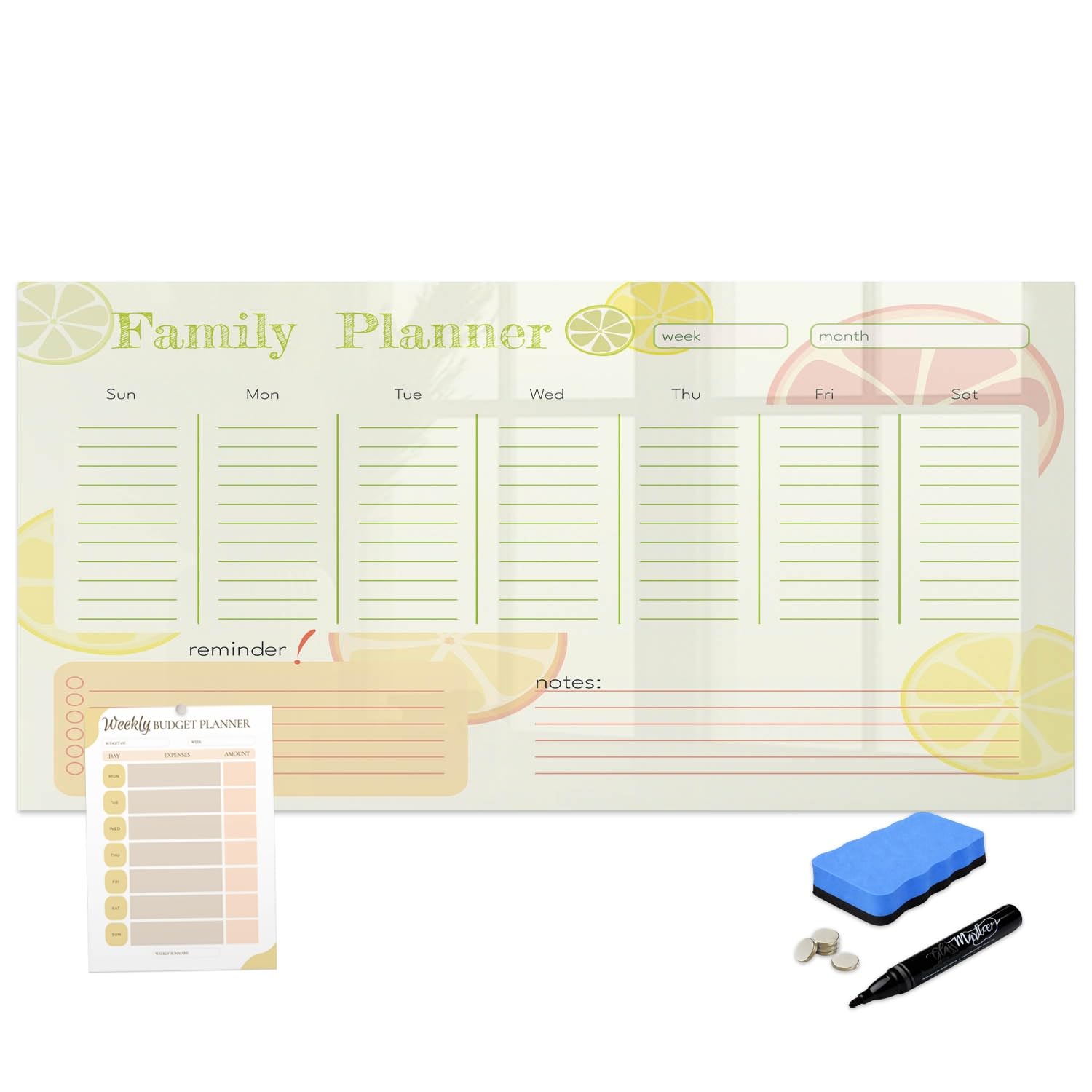 Beschreibbare Glas-Magnettafel 120x60 cm Familienplaner Schwarzer Stift | Neodym Magnete 5 | Schwamm | Zubehör-Set | Starke | Haftkraft | Taftel-Set | Zubehör | Marker-Set | Notiztafel