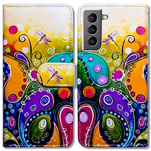 Bcov Case for Galaxy S22, Colorful Dragonfly Leather Flip Phone Case Wallet Cover with Card Slot Holder Kickstand for Samsung Galaxy S22 5G