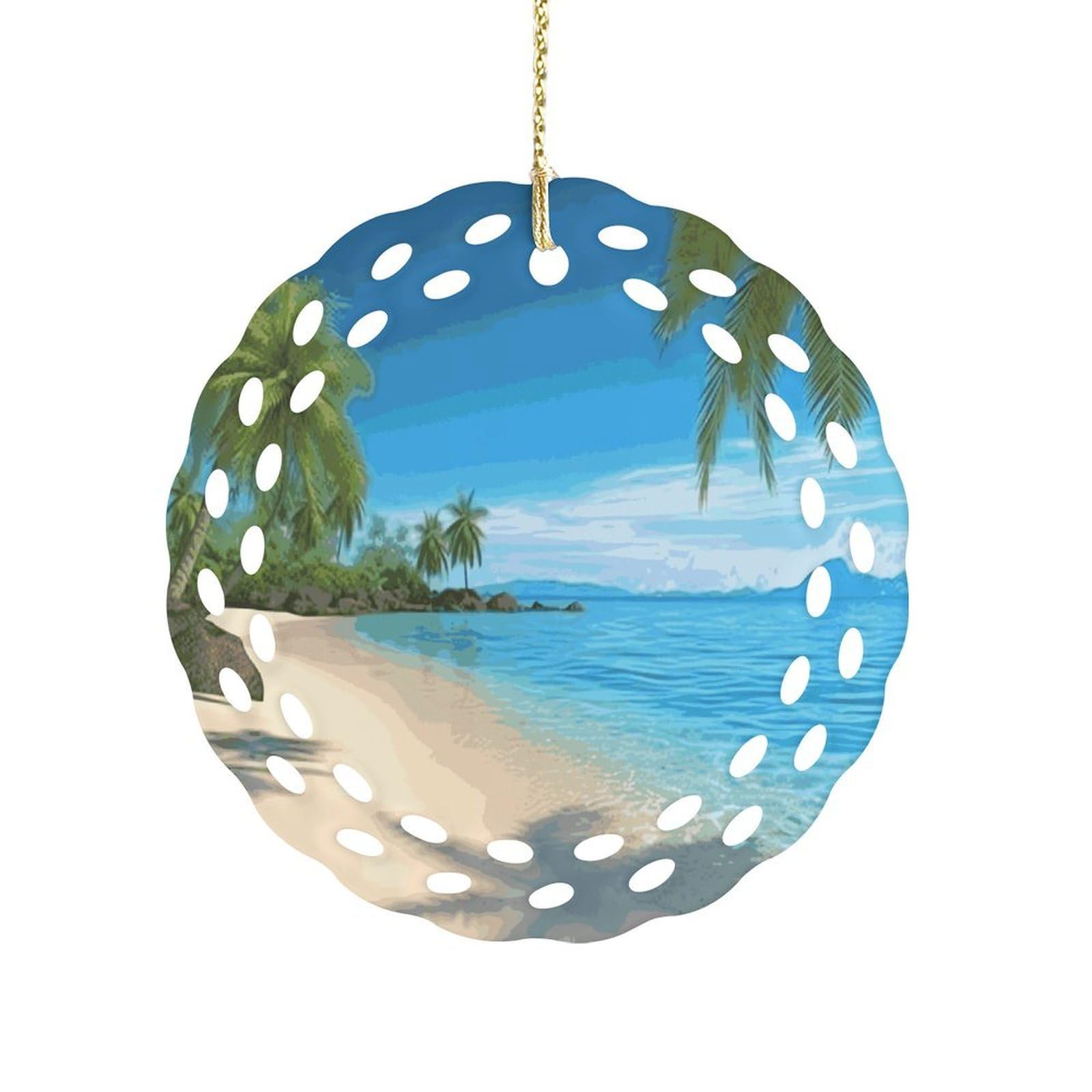 Btcowzrv Style Hawaiian Beach With Palm Trees Ceramic Ornament,Round Ornaments With Hole Easy To Hang,Hanging Ornament For Wedding Party Home Window Garden Christmas Day Decor