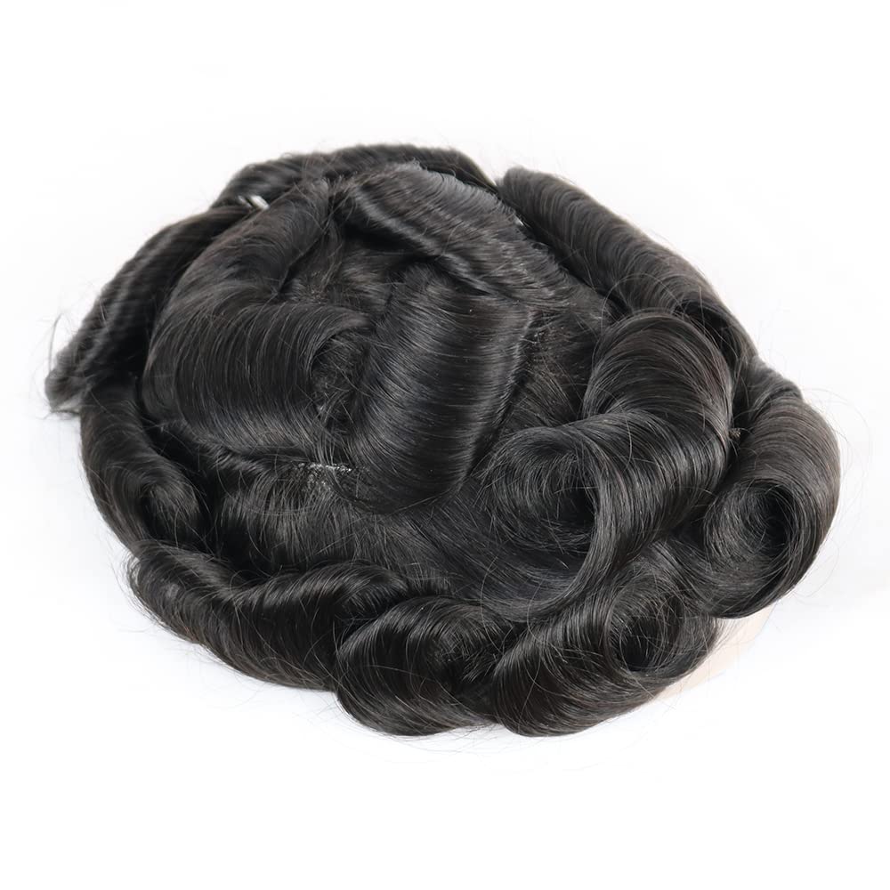 SIMBEAUTY Super Natural Hairline Human Hair Mens Toupee Free Style 10x8 inch Thin Skin Hairpieces Replacement Systems Men Hair (#1b,off black)