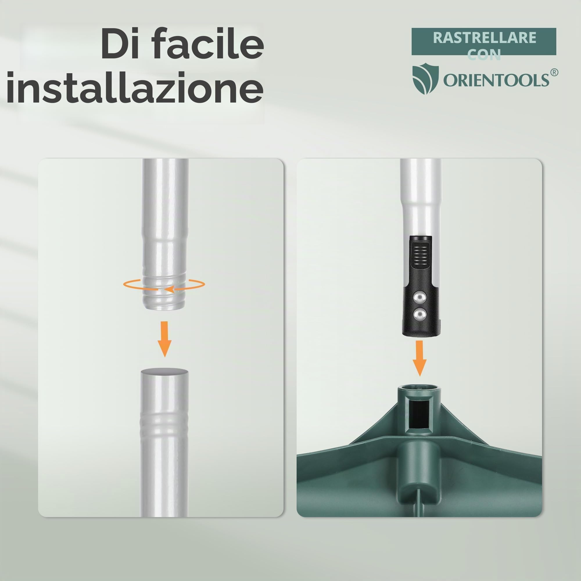 ORIENTOOLS Spazzola per erbacce artificiale, rastrello curvo regolabile da 80 a 134 cm, manico in acciaio, rastrello finto PA per prati e foglie