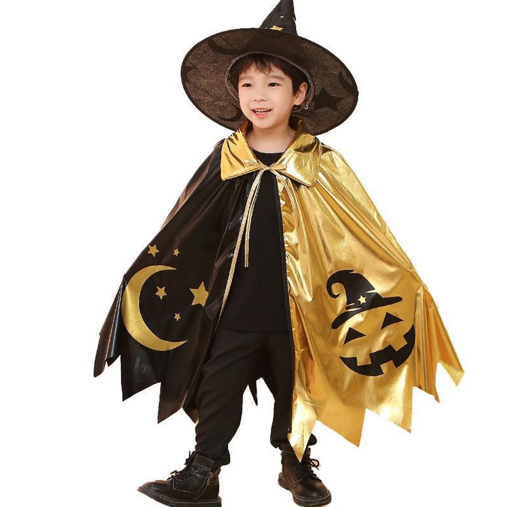 Goodern 2 PCS Halloween Cape and Hat Costume,Halloween Cosplay Wizard Cloak Witch Cap Fashion Pumpkin Pattern Thanksgiving Party Costume Props Boy Girl Role Performance Clothes Accessories-Gold