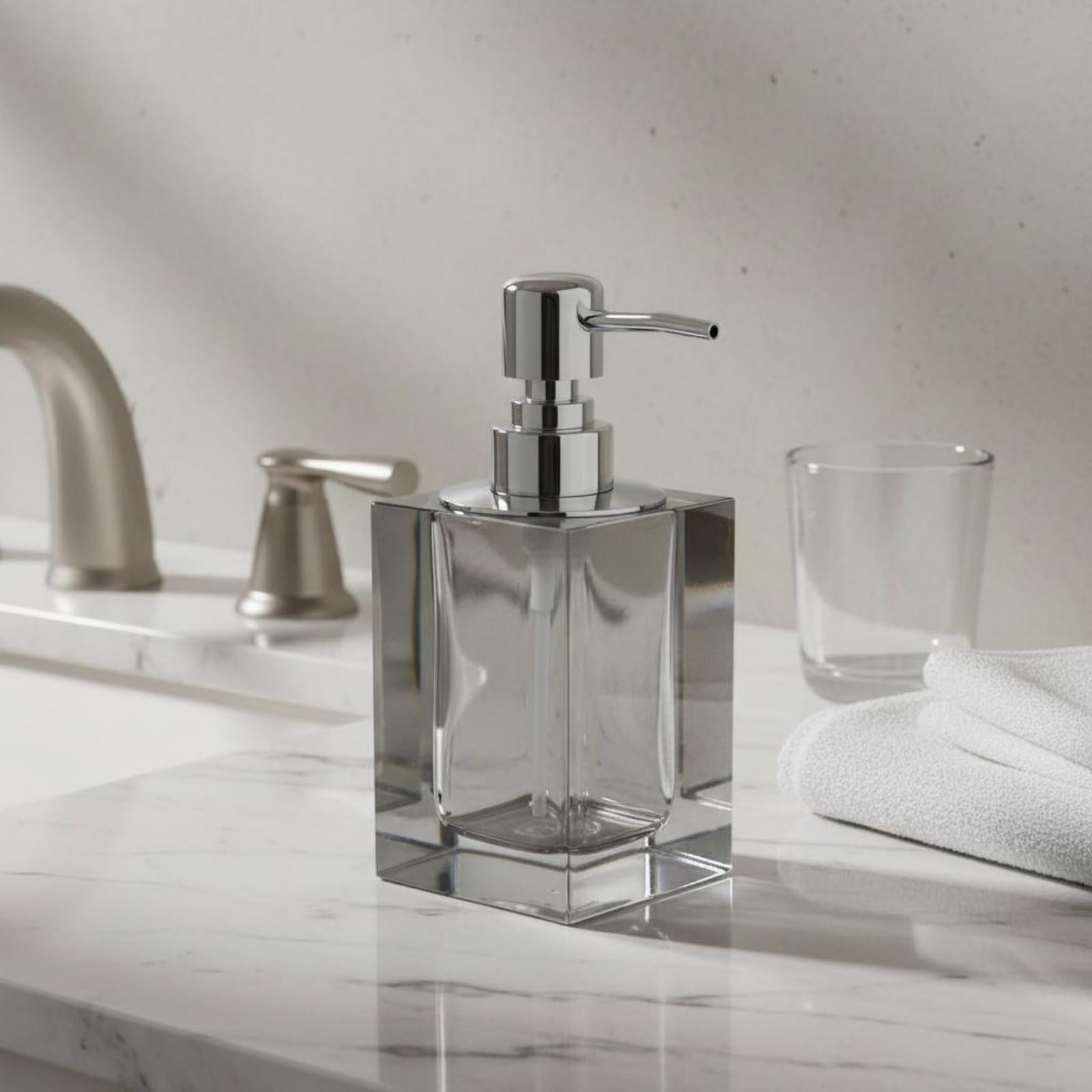 Dispenser Sapone Bagno Set con Dispenser E Bicchiere Coordinati Portapiattino E Vassoio in Vetro Cristallo Estetica Ordinata Contemporanea Adatto per Hotel Bagno Ospiti Toeletta, Moderno-A