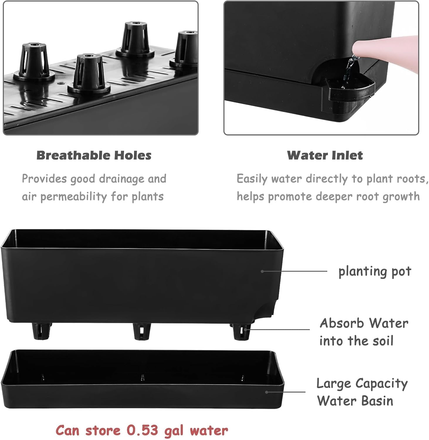 Self Watering Pots for Indoor Plants 17 Inches Window Boxes Planters Rectangular Flower Pots Rectangle Herb Pots Large Plant Pots with Drainage Holes and Saucers Windowsill Planter (2, Black)