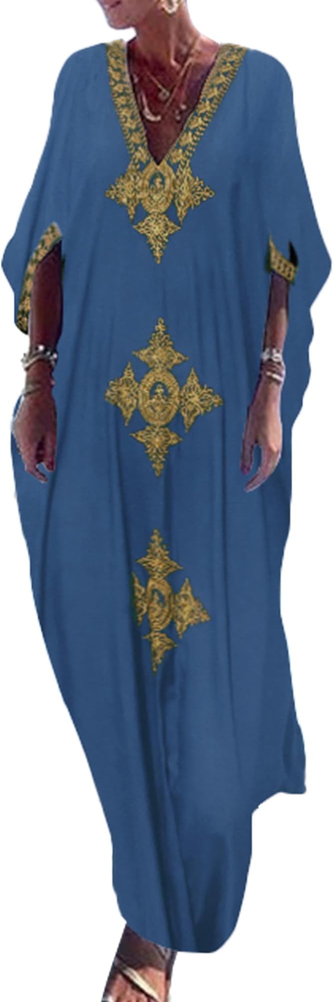 Gold Embroidery Long Kaftan Dresses V Neck Caftan Dress Beach Cover Ups for Women Embroidery