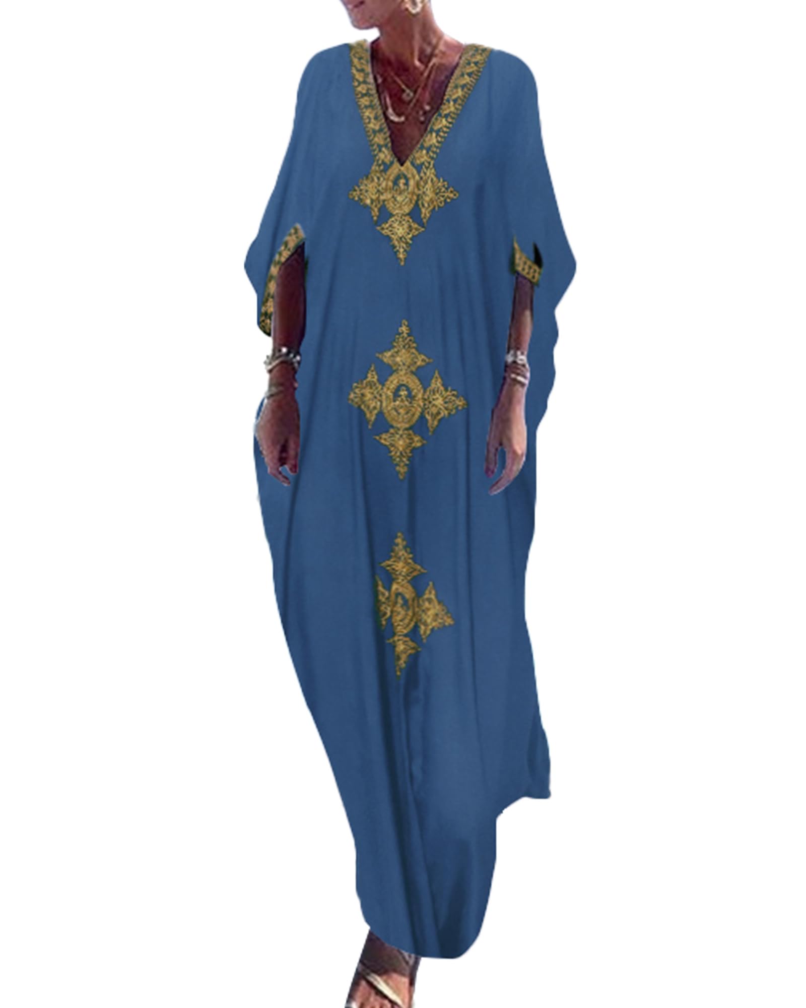 Bsubseach Gold Embroidery Long Kaftan Dresses V Neck Caftan Dress Beach Cover Ups for Women Embroidery