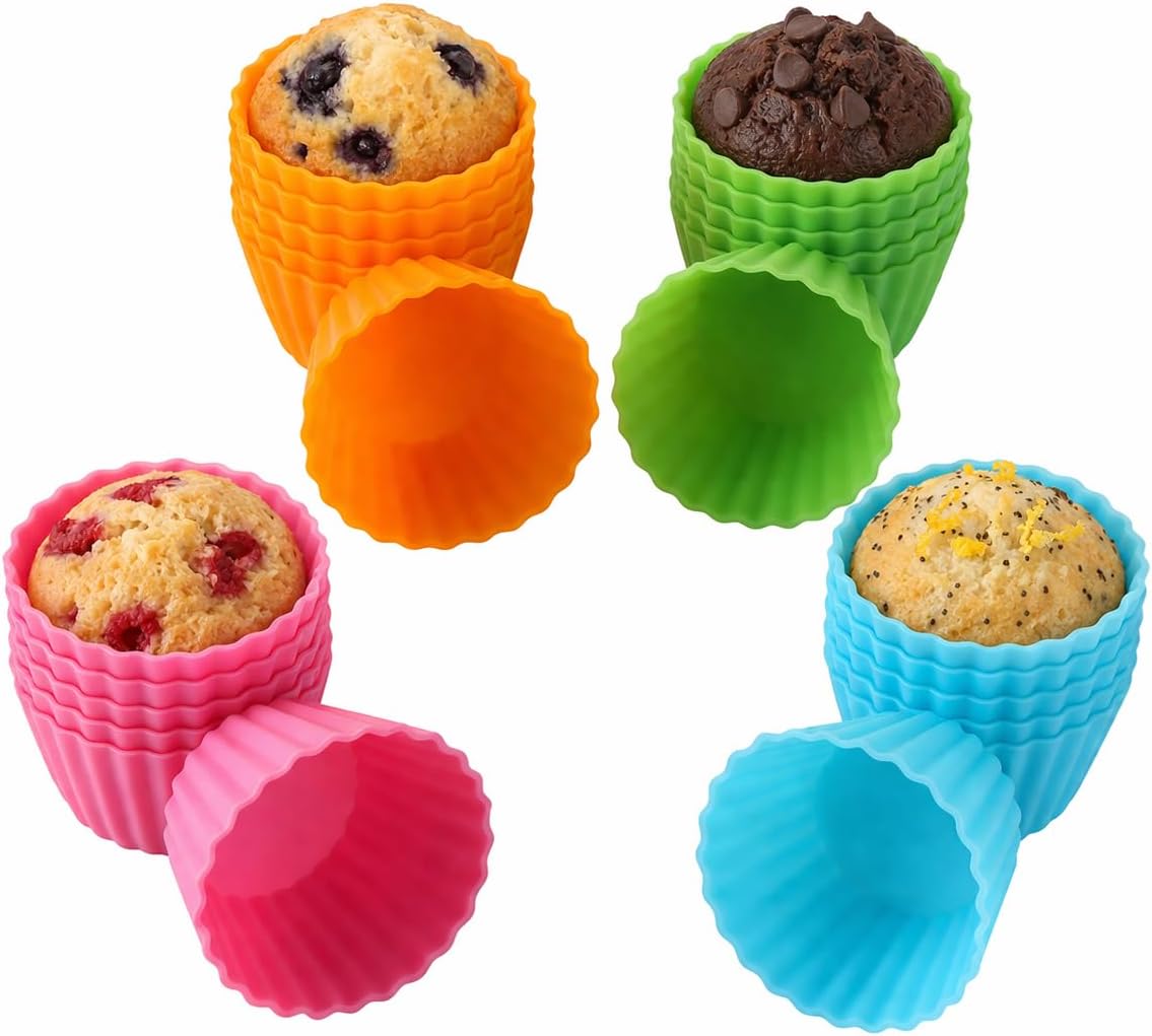 Bakerpan Silicone Mini Cupcake Liners 24 Pack - Reusable Non-Stick Muffin Cups - BPA-Free Baking Cups for Mini Muffin Pan, Candy & Chocolate Molds, 4 Vibrant Colors