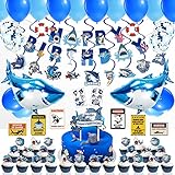 🦈Premium-Material:Happy Birthday Banner und Kuchendeckel sind aus Premium-Karton, Naturlatex-Ballons sind langlebig, ungiftig und harmlos. Jede Produkt unseres Hai-Partyzubehörs ist aus Sicherheitsmaterialien, sicher und langlebig zu verwenden.