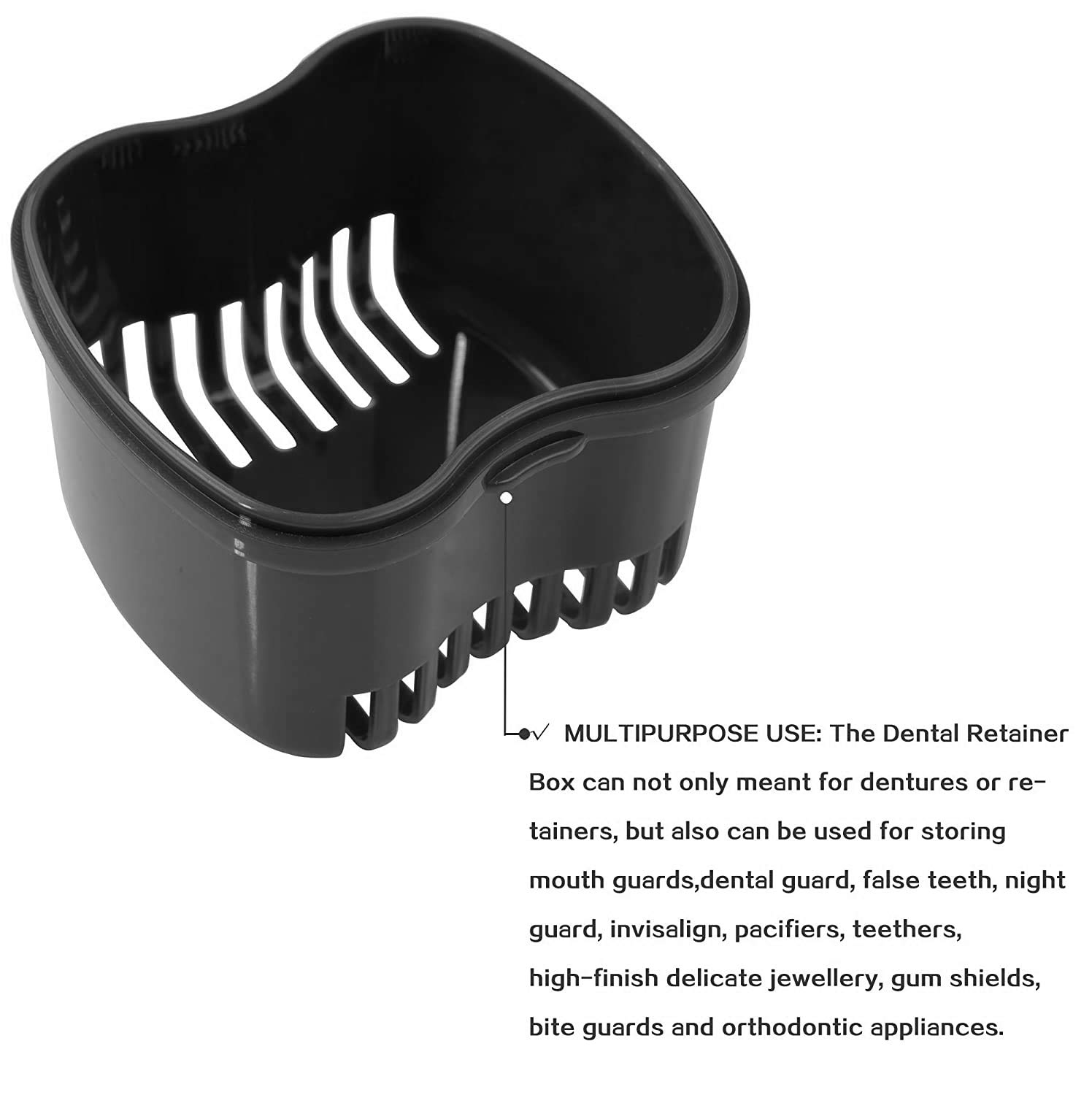 Denture Brush Retainer Case, Denture Case,Denture Cups Bath,Dentures Container with Basket Denture Holder for Travel,Mouth Guard Night Gum Retainer Container (black)
