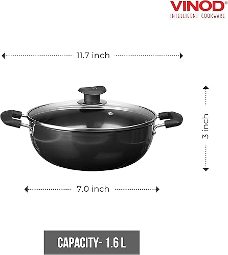 Miniatura 2 de Vinod Utensilios de cocina anodizado duro Kadhai profundo con tapa de vidrio  Negro  1.6 litros (1.69 cuartos de galón)  7.1 in  Tamaño pequeño