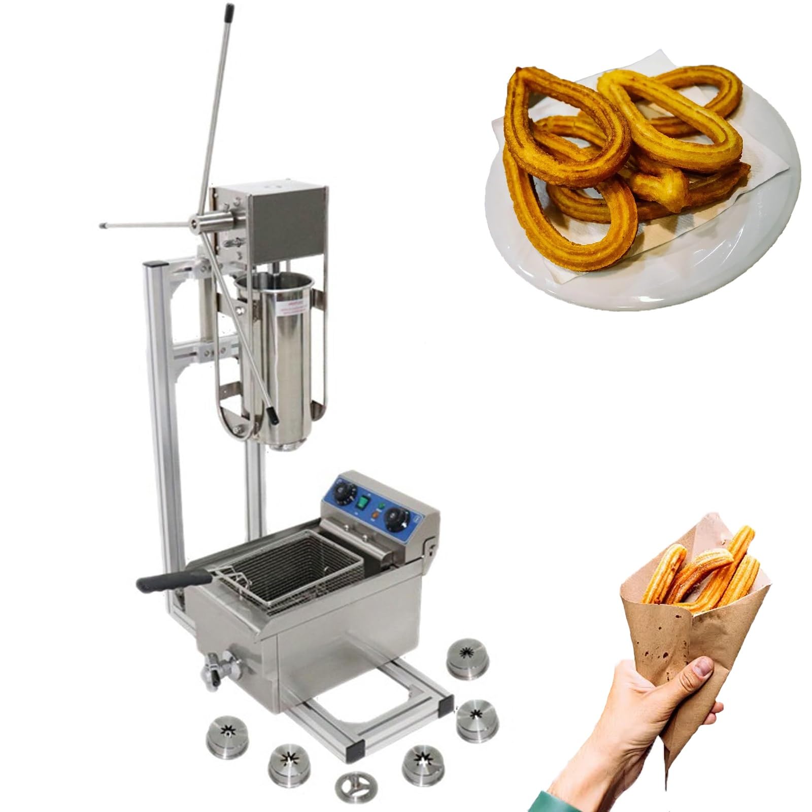 Aioneer Commercial Churro Maker With Deep Fryer, 7L Spanish Donut Churro Machine With 10L/20L Electric Fryer, 6 Nozzles, Stainless Steel For Restaurants, Bakeries-With 10L Deep Fryer