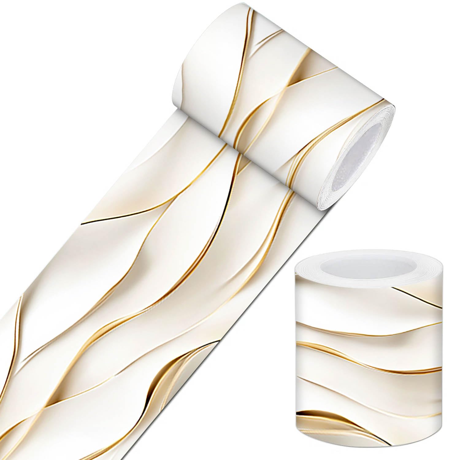 IVN Wallpaper Border Ivory Gold Folded Wave Paper Art Pattern Design 4x196 Inch Peel and Stick Wallpaper Border for Mirror Frame Bathroom Laundry Room Pool Area Living Room Wall Decor
