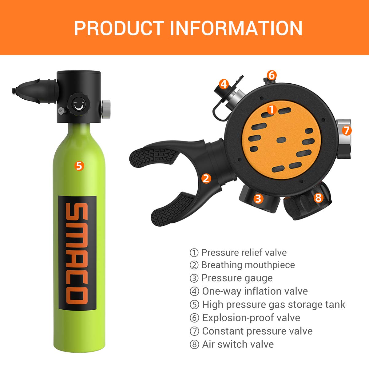 SMACO Mini Scuba Tank, Bombola Subacquea Bombole da Immersione Ossigeno Bombola con 10-15 Minuti Diving Ossigeno Serbatoio Bombola Sub Respiro Sott'Acqua Dispositivo 0.7L S500(Consegna in 10 Giorni)