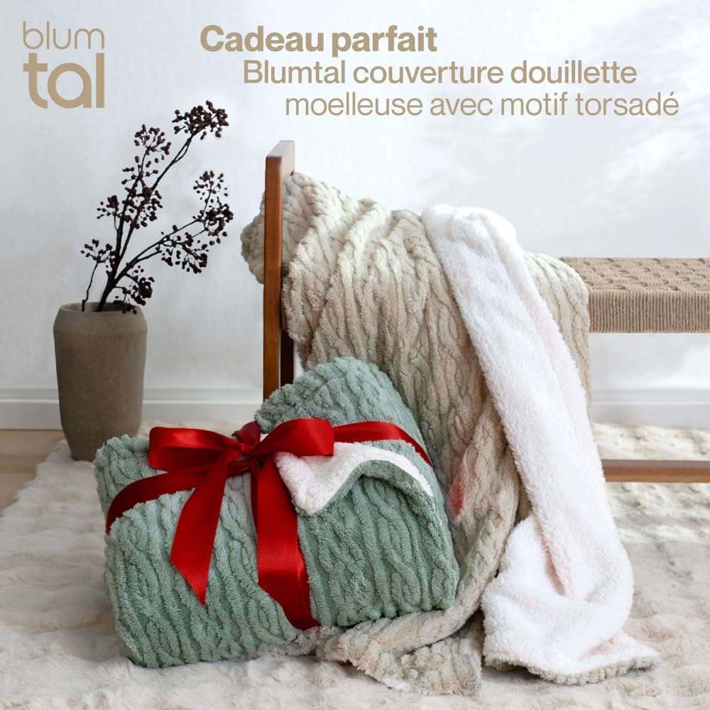 Blumtal Couverture Chaude 220x240 cm avec Motif torsadé - Couverture Polaire certifiée Oeko-TEX + intérieur Sherpa Doux - couvertures et Plaids - Plaid Doux - couvertures, Plaids et boutis Vert-Ivory
