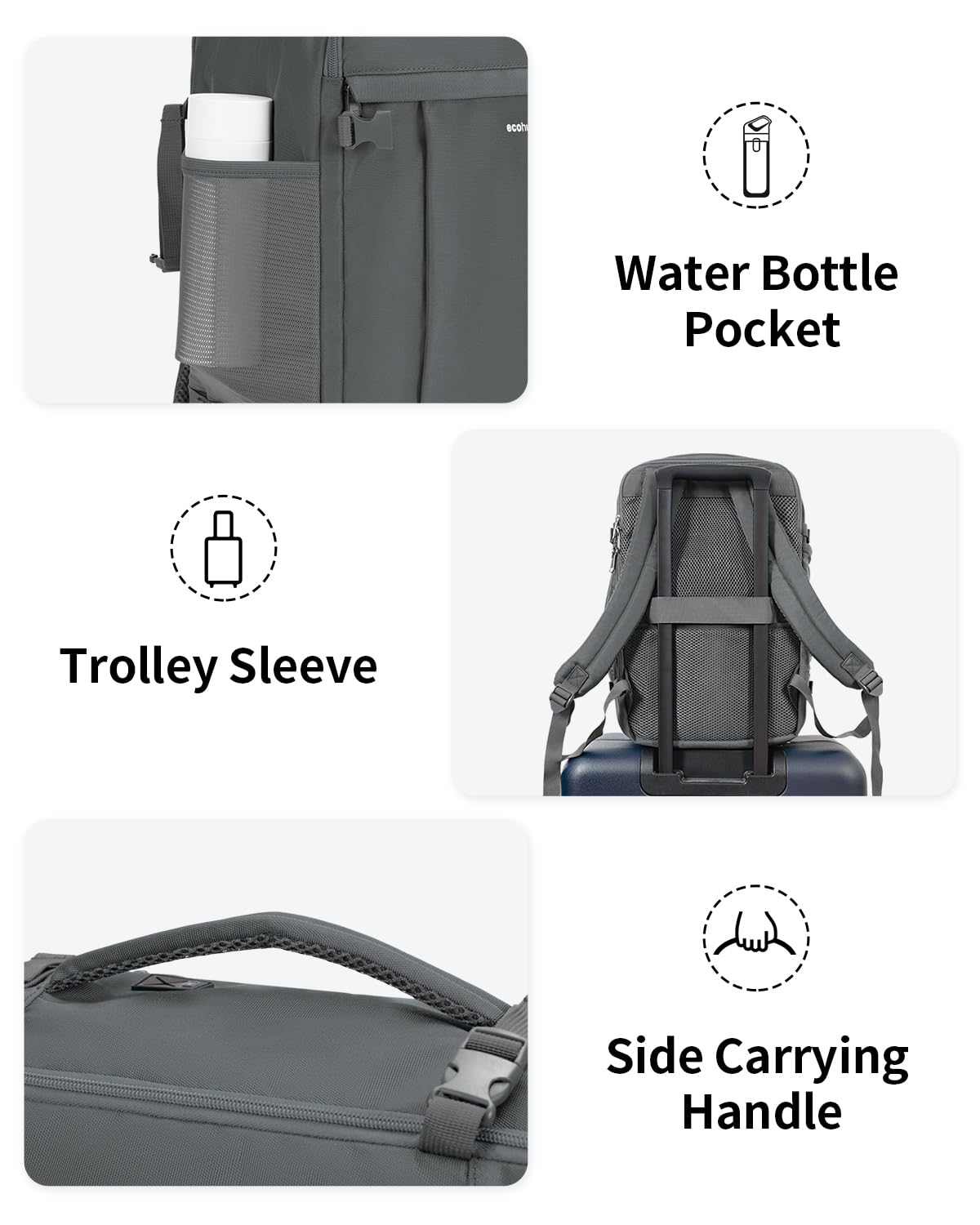 ECOHUB 20L Zaino Ryanair 40x20x25, Zaino Da Viaggio Aereo Bagaglio a Mano Con Scomparto Per Laptop 3D, Resistente all'Acqua Bagaglio a Mano 40x20x25 Ryanair, Riciclato Zaino Viaggio Donna Uomo, Grigio