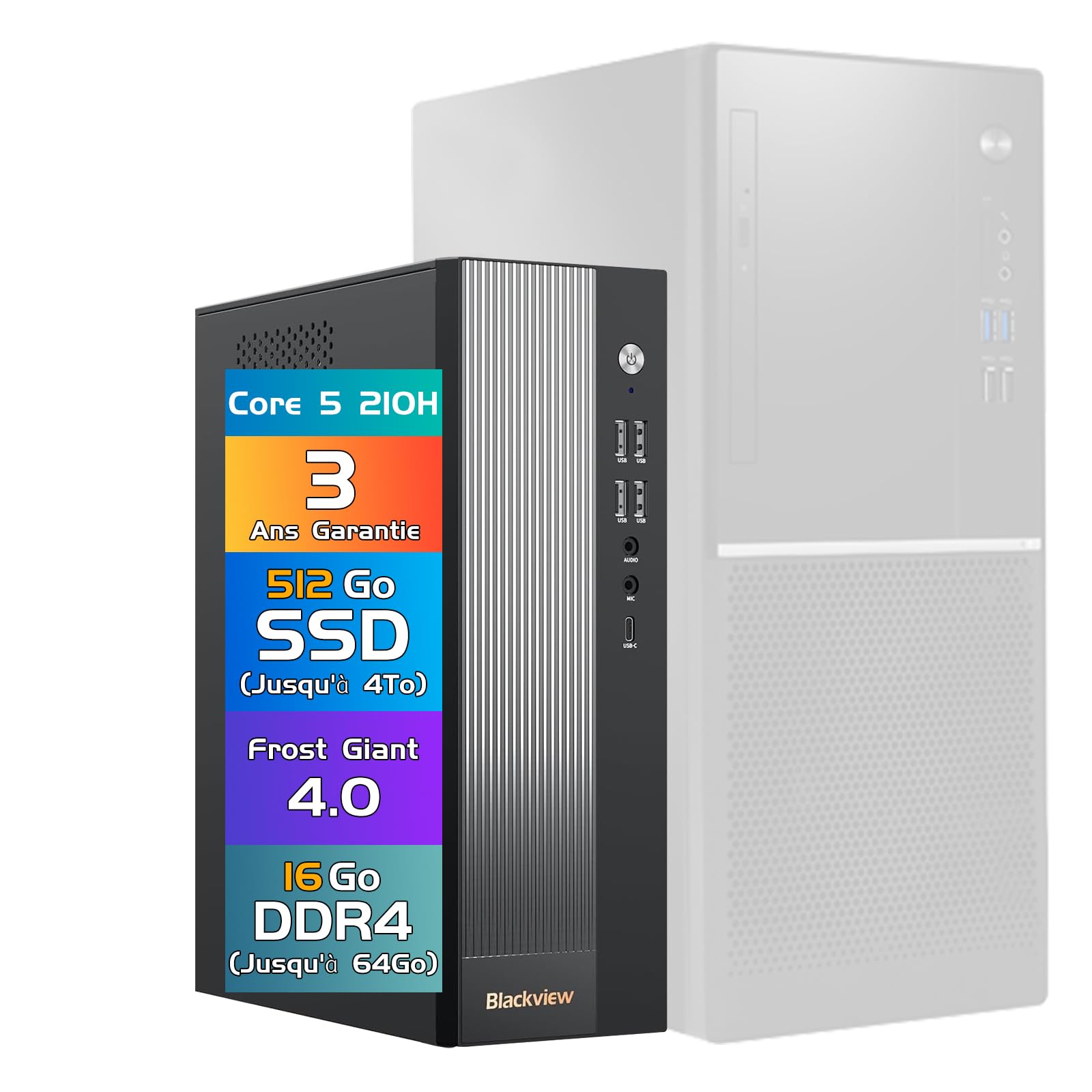Blackview NEX60 PC Fisso SFF Win 11 Pro, 13th Gen Intel Core 5 210H (8C/12T), 16GB RAM 512GB SSD (Up to 64GB+4TB) PC Desktop, 4K Duo Display Computer Fisso, WiFi6/15 Ports/USB3.2 [3-Year Warranty]