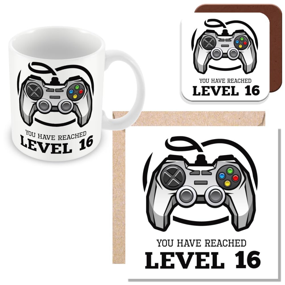 MUGGZ 16th Birthday Gift - Mug, Card & Coaster - Gamer Level 16 - Giftset - Made in The UK