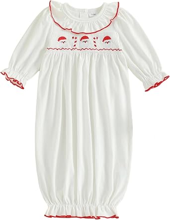 Sasaerucure Newborn Baby Girl Boy Christmas Outfit Santa Claus Sleepwear Smocked Long Sleeve Nightgown Pajama Sleeper