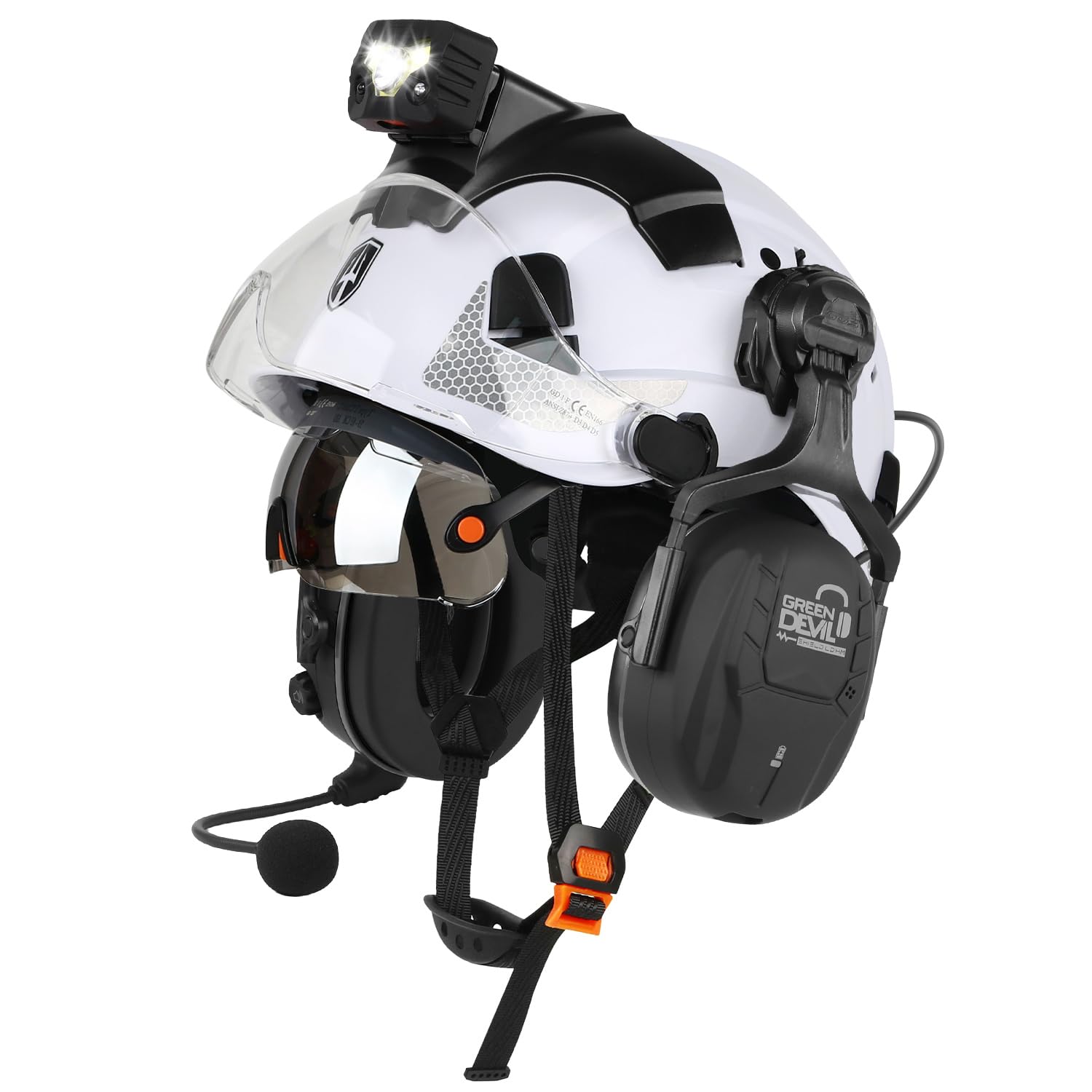 GREEN DEVIL Mervex Vent Ultimate Set - EN397 & EN166 zertifizierter Industrieschutzhelm mit Doppelvisier + Shield LD Bluetooth Gehörschutz + Intelligente Helmleuchte
