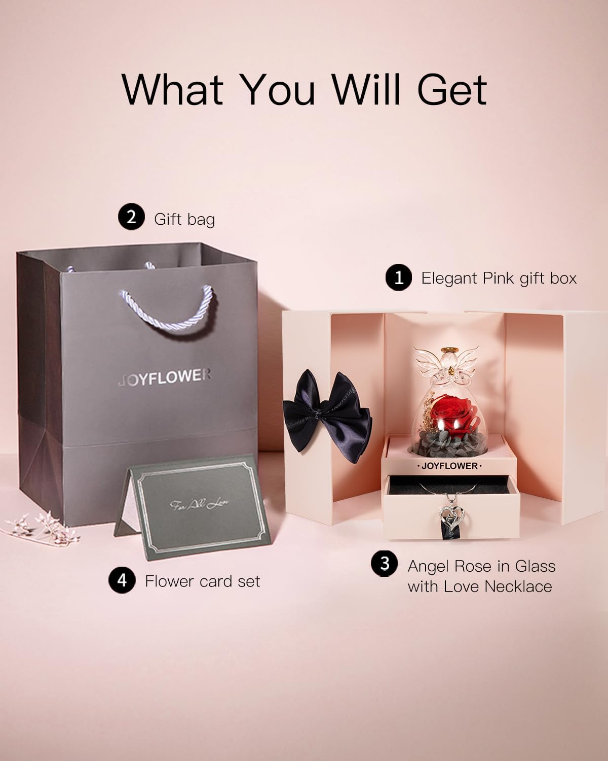 JoyFlower Preserved Flower Angel Figurine with Necklace Gifts for Mom, Red Eternal Rose Glass Angels Gift, Preserved Rose for Wife Mom Grandma Mother Her on Christmas Anniversary Mother's Day Birthday - Image 5