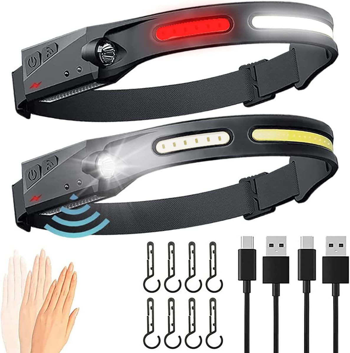SOFT GLASS N LED Headlamp, Super Bright 230° Broadbeam Headlight,5 Modes with Red White Lights & Motion Sensor Waterproof Headlight with 8 Helmet Hooks for Outdoors,Cycling,Working(2 Packs)