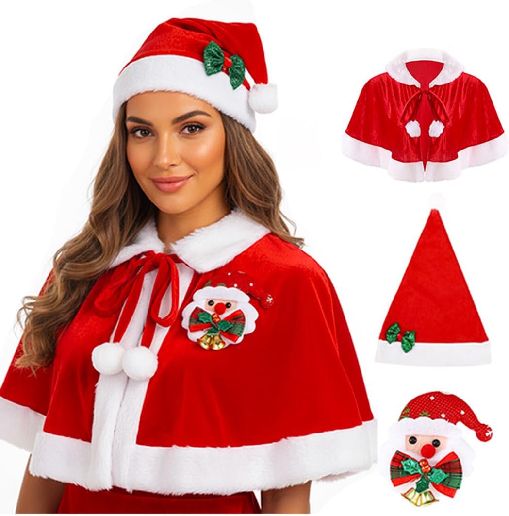 EASEDAILY Christmas Velvet Red Cape Mrs Santa Claus Short Cloak Xmas Costume Shawl with Bow Headband Hat and Brooch for Women