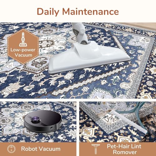 Image of OPPODREAM Soft Area Rugs 8x10, Persian-Inspired Washable Rug, Blue & Gold
