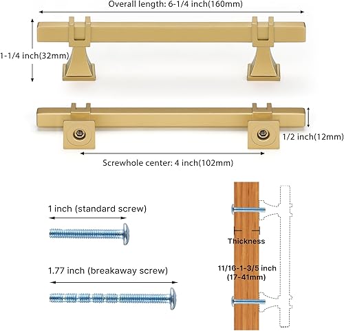 Miniatura 2 de Haliwu Paquete de 10 tiradores dorados para gabinete, manijas de cocina de latón cepillado de 4 pulgadas, herrajes cuadrados para cajones de tocador