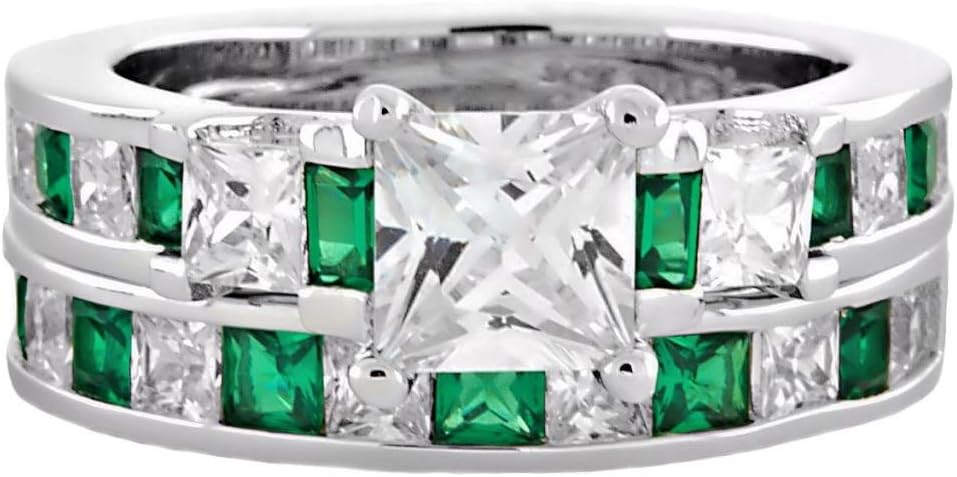 Olympia: 4.35ct Simulated Emerald n Russian IOF CZ 2pc Bridal Wedding Ring Set Silver, 3023