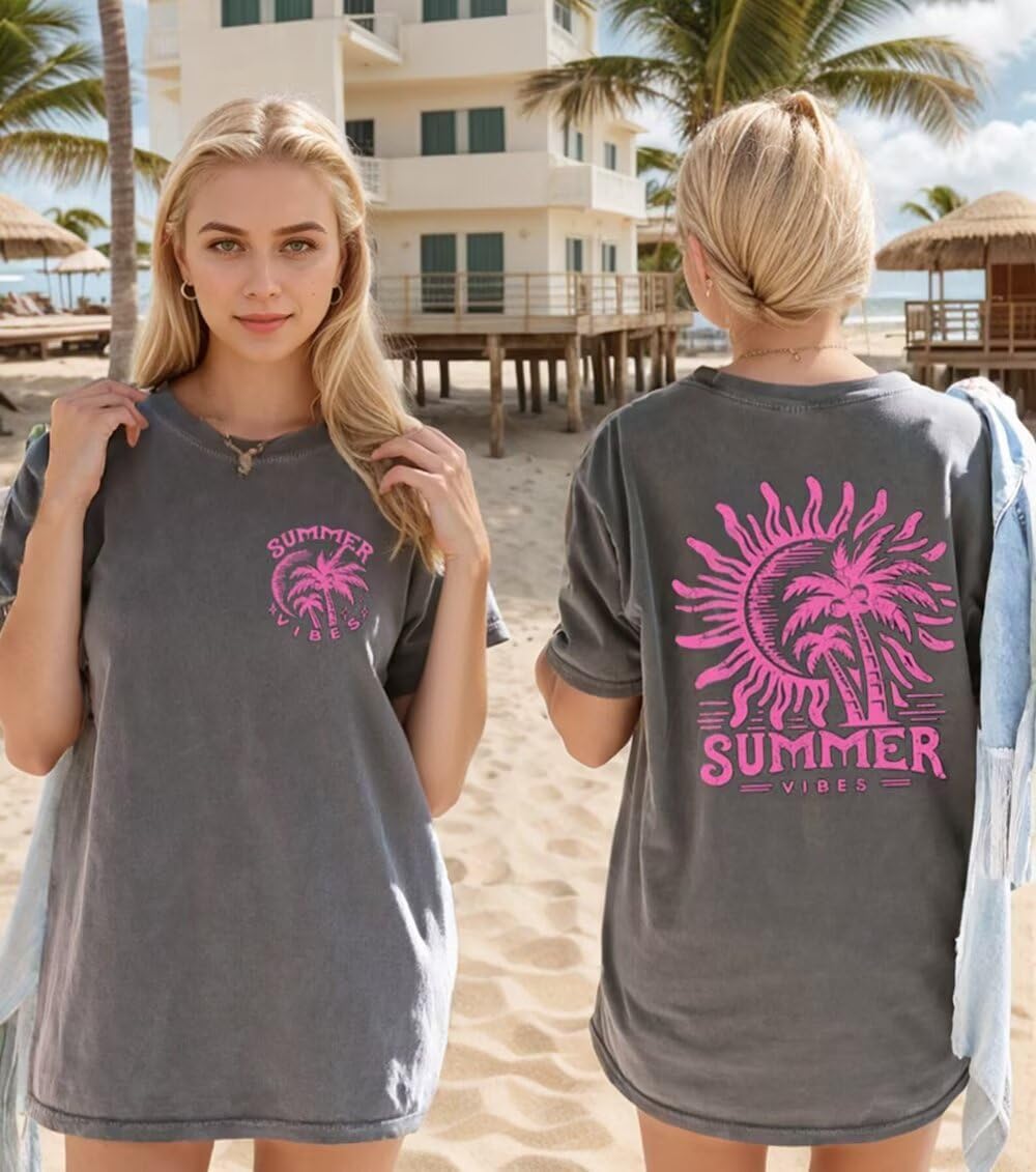 Oversized Summer Vibes Shirt for Women Hawaiian Beach Vacation Party Tee Tops Vintage Sunshine Coconut Tree Graphic Top - Image 2
