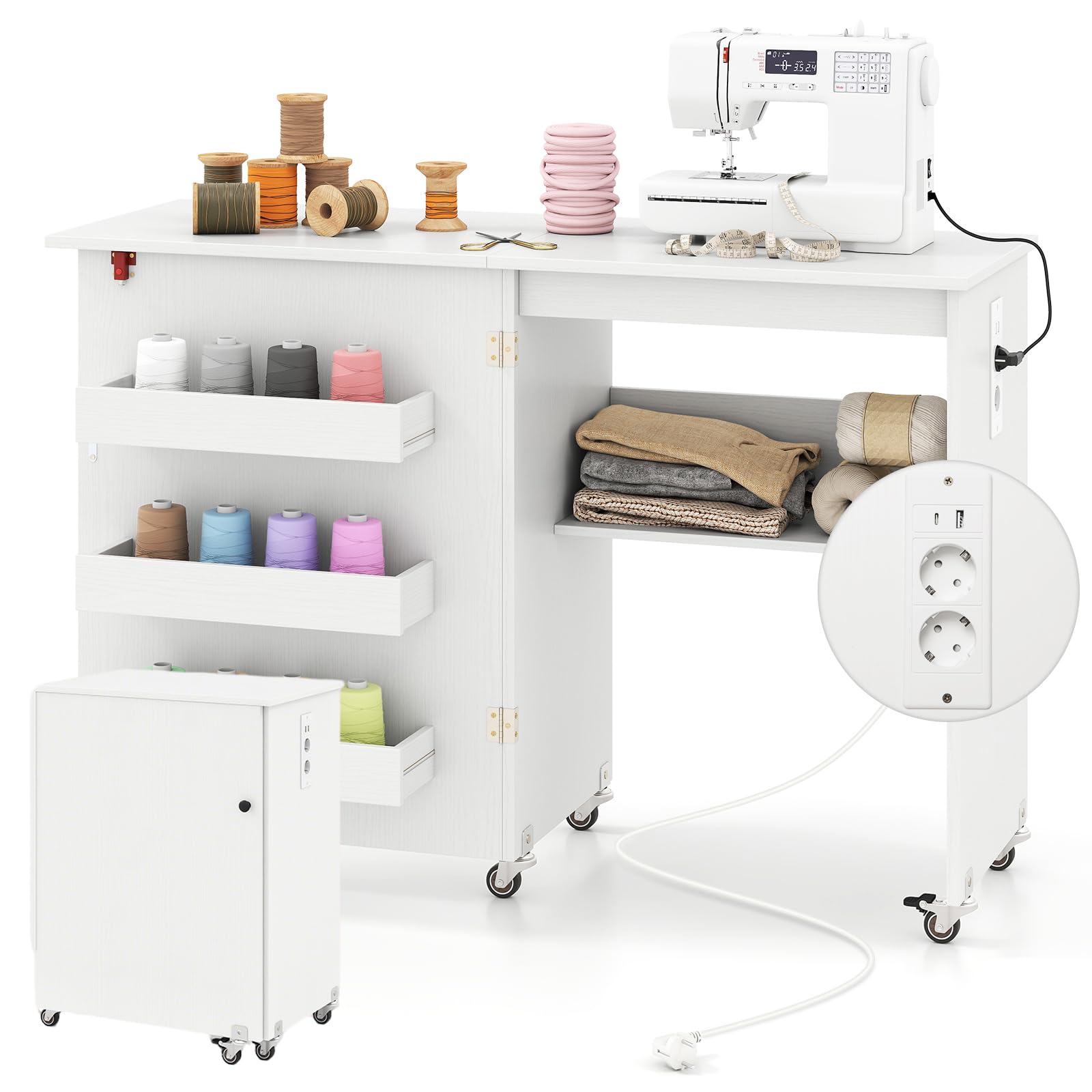 RELAX4LIFE 2 in 1 Nähtisch, Nähmaschinenschrank klappbar mit Ladestation, Nähschrank aus Holz mit Regalen, Nähmaschinentisch auf Rollen für Wohnzimmer & Schlafzimmer & Arbeitszimmer (Weiß)