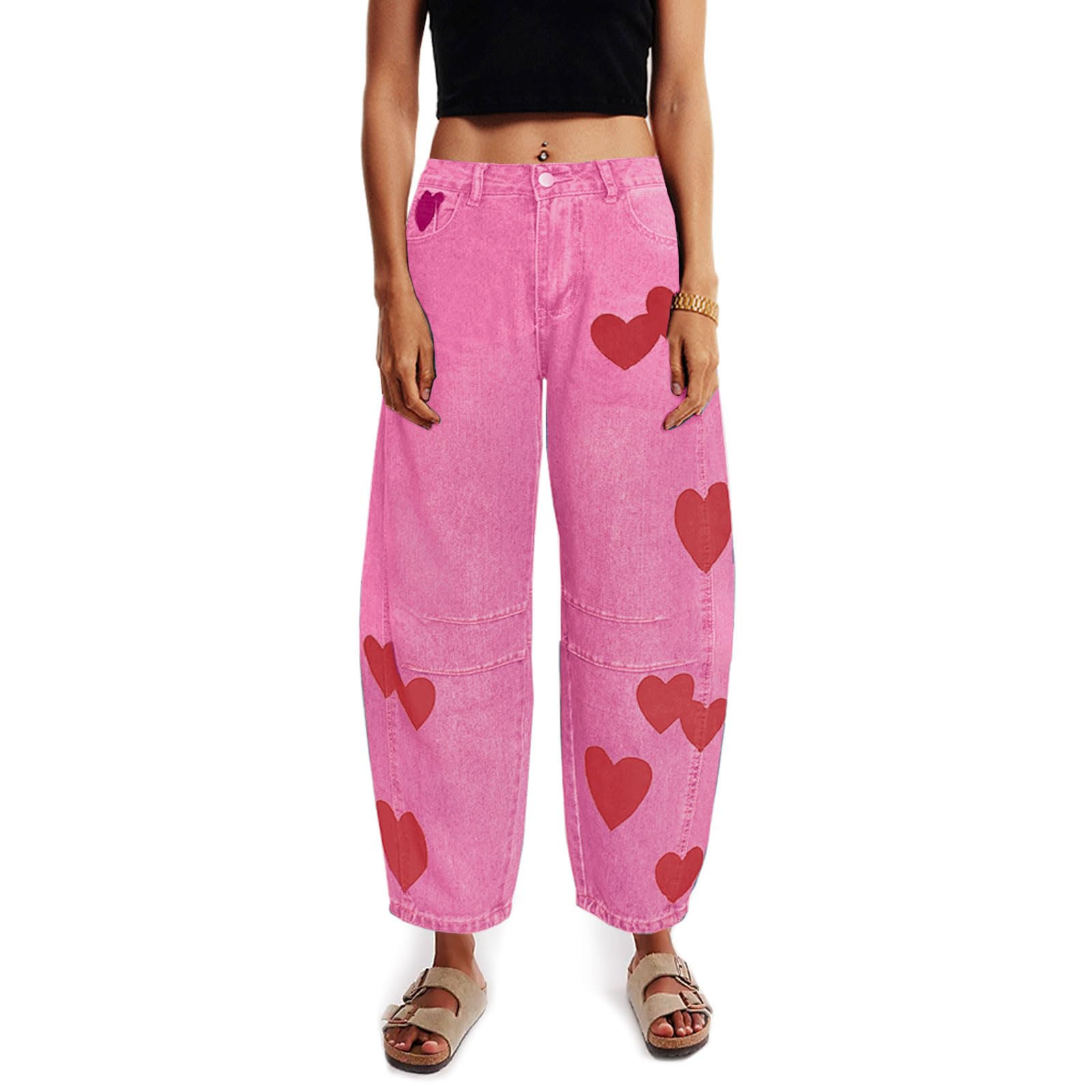 Barrel Jeans for Women Mid Rise Heart Printed Denim Ankle Pants Vintage Baggy Boyfriend Jeans