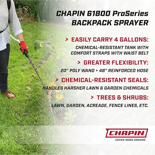 Chapin 61800 4-Gallon Made in USA Professional Backpack Sprayer with Brass Adjustable and Poly Fan/Cone Nozzles, Cushion Grip Shut-Off, 3-Stage Filtration System, Translucent White