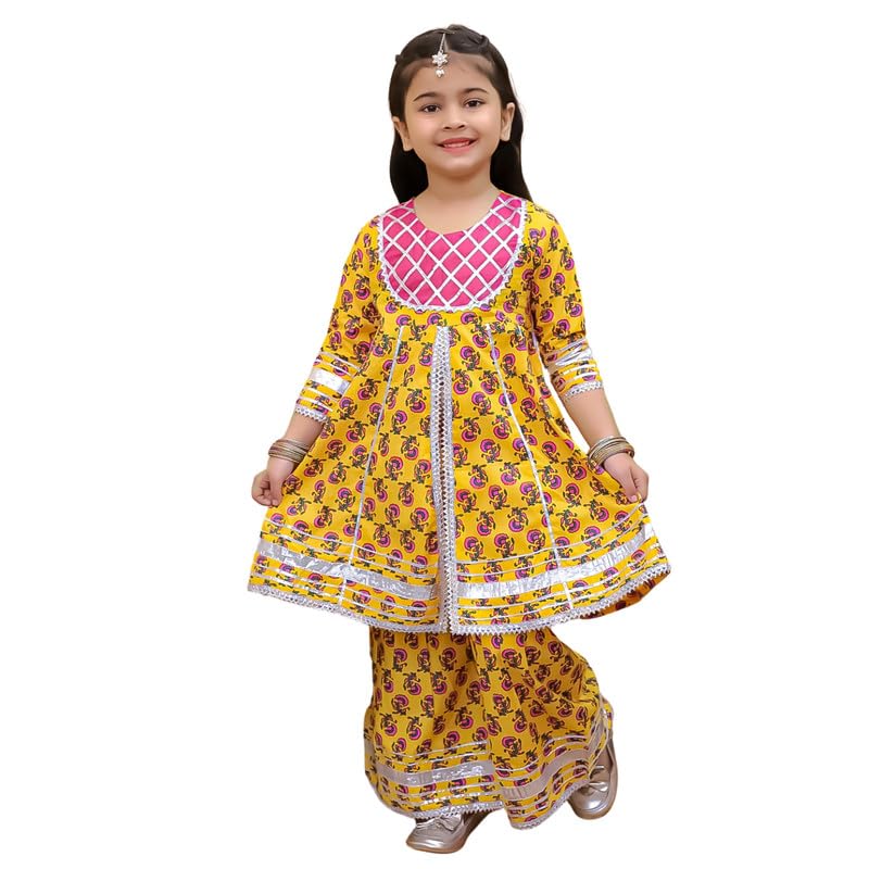 Image of superminis Girls Cotton Floral Printed Gotta Work 3 /4 Sleeves Sharara Suit Ethnic Wear Set