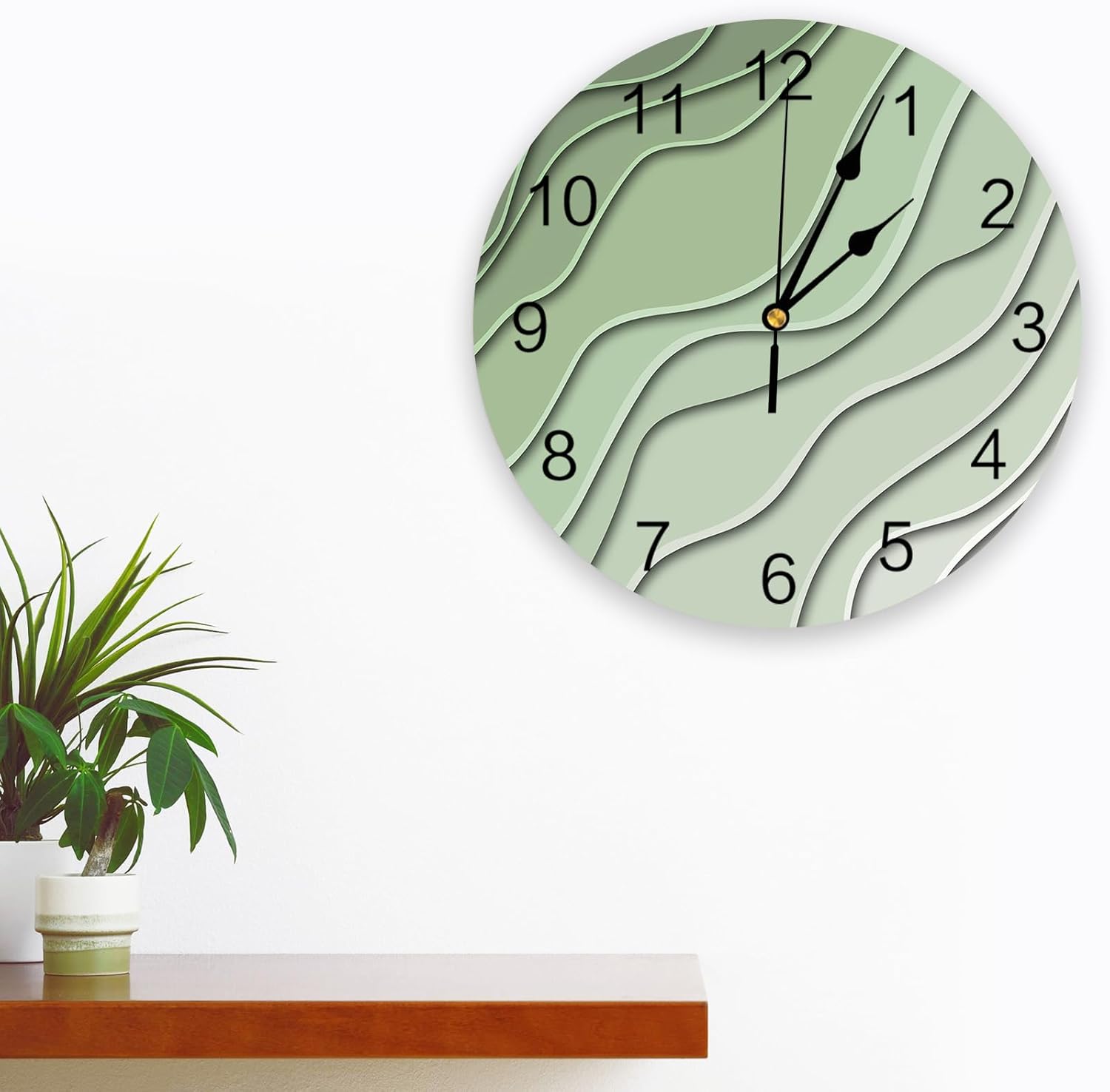 Wall Clock 12 Inch Silent Non-Ticking, Sage Green Ripple Lines Ombre Round Decorative Clock for Living Room Bedroom Kitchen School Easy to Read Battery Operated Mute Clock