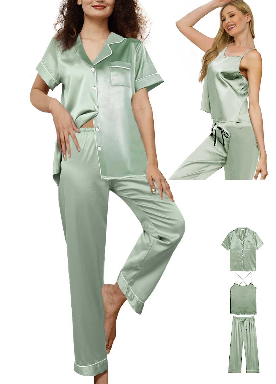 WJing Yi Jia3Pcs Womens Satin Pajamas Set Silk Pj Sets Sexy Camisole Tops And Pants Silky Pajama XS-4XL Pjs Sleepwear
