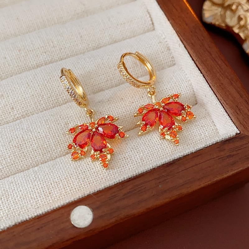 Orange Maple Leaf Dangle Drop Small Gold Hoop Huggie Earrings for Women, Cute Sparkly Crystal Cubic Zirconia Rhinestone Fall Autumn Holiday Accessories Jewelry Gift - Image 4