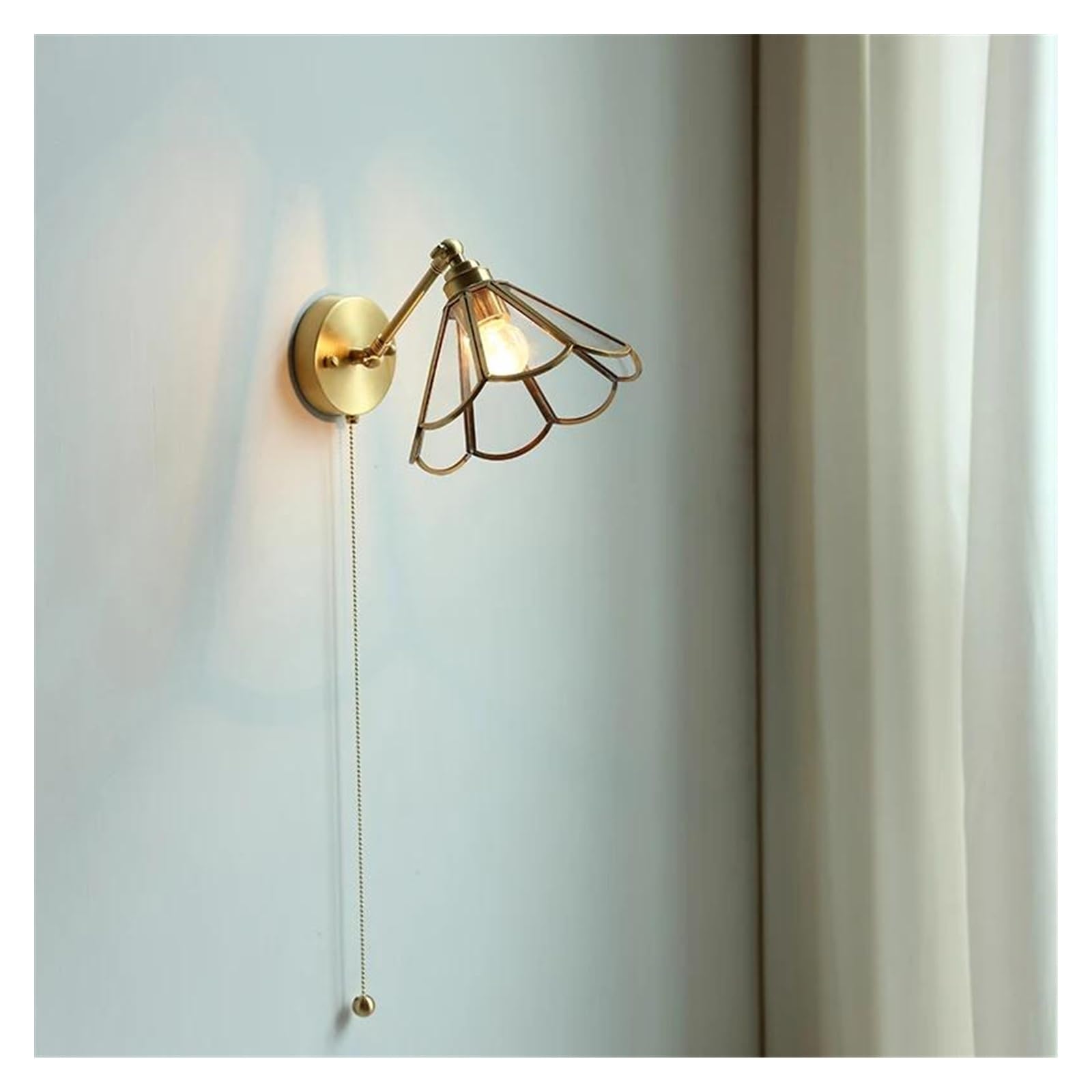 ZTCHSENZT Wall Sconces, Nordic Copper Glass LED Wall Light Fixtures Pull Chain Switch Bedroom Mirror Stair Beside Lamp Modern Sconce Wandlamp,A