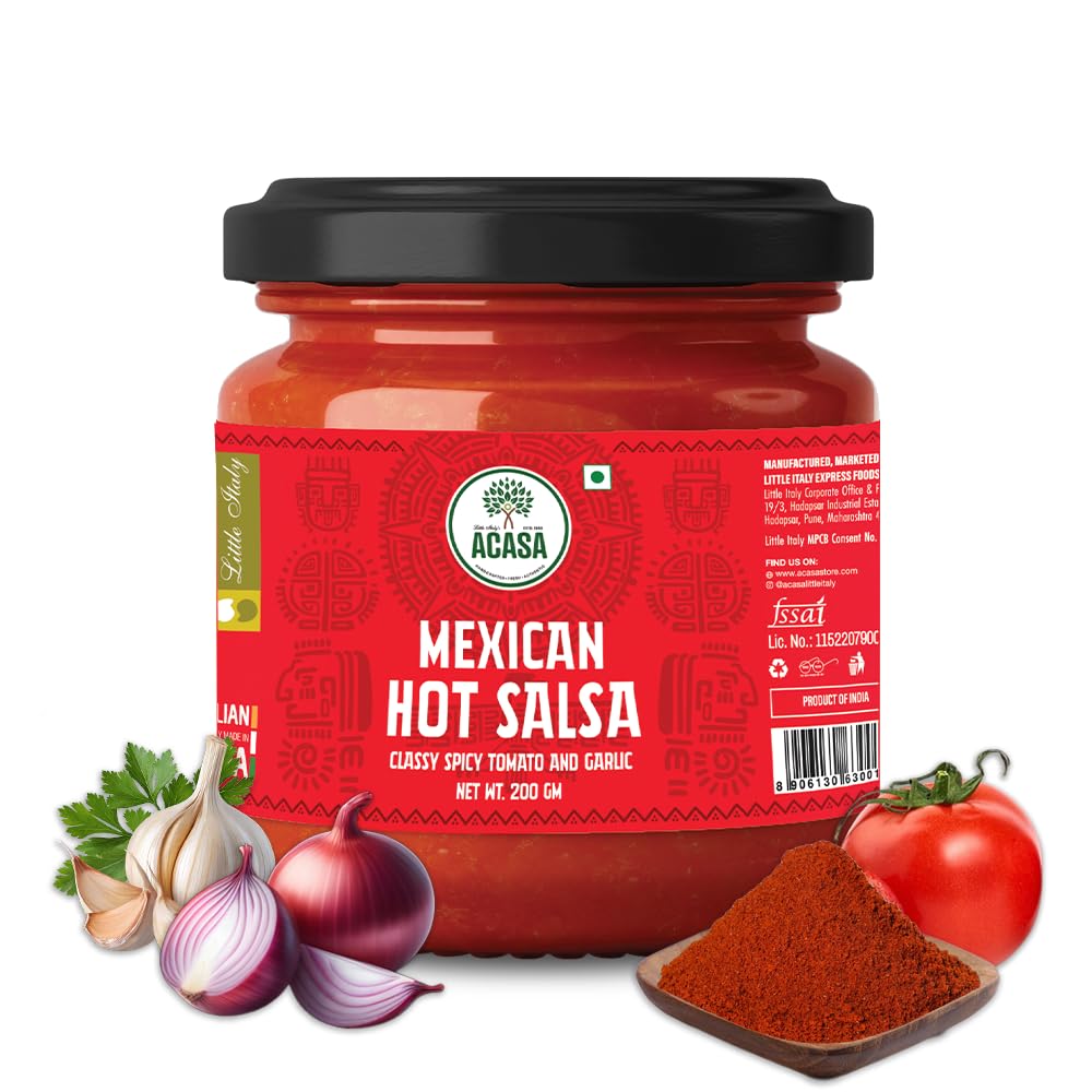 Acasa Hot Salsa Dip 200gm - Spicy Sauce for Nachos - Authentic Hot Dip- Perfect Mexican Style- Flavorful Dipper for Snacks, Parties, and Cooking