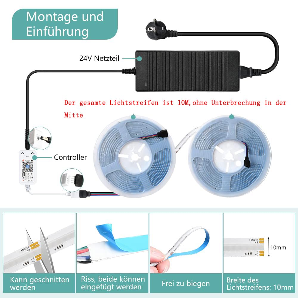 Wifi 10M COB RGB Ruban Led Chambre 576led/M 5760leds 24V Bande LED fonctionne avec Google Home assistant/Alexa,Rubans à LED dimmable Led Strip avec télécommande