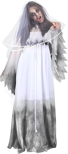 2 piezas de Halloween para mujer, disfraz de fantasma de Gossamer, vestido de novia, velo de novia, blanco, gótico, victoriano, disfraz de novia