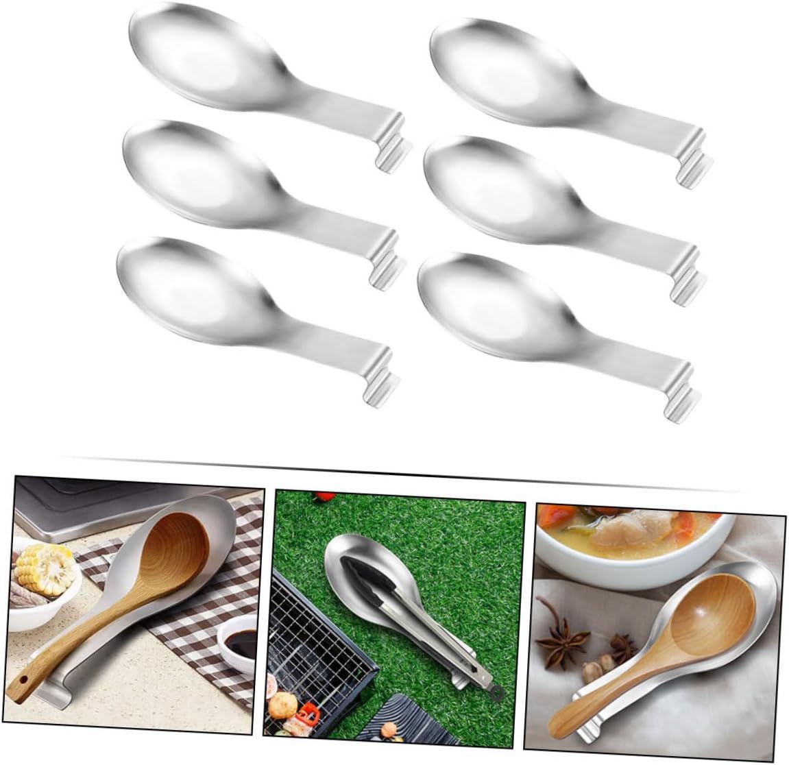 NUOBESTY 6Pcs Stainless Steel Spoon Rest for Kitchen Countertop Utensil Holder with Flat Base for Spoons Ladles Spatulas and Daily Use Easy to Clean