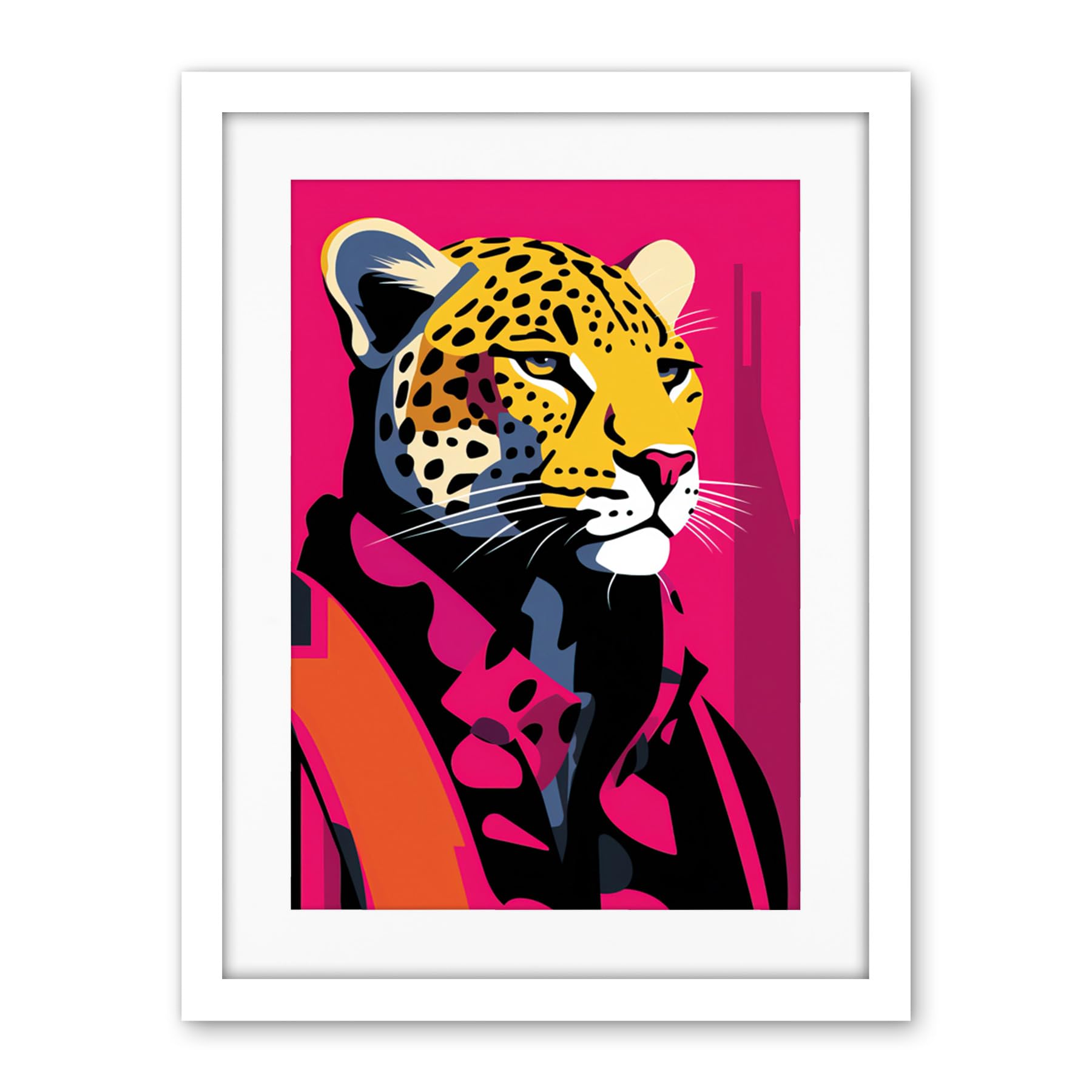 Artery8 Strong Leopard in Suit Bold Artwork Orange Pop Art Hot Pink Vibrant Portrait Artwork Framed Wall Art Print 18X24 Inch