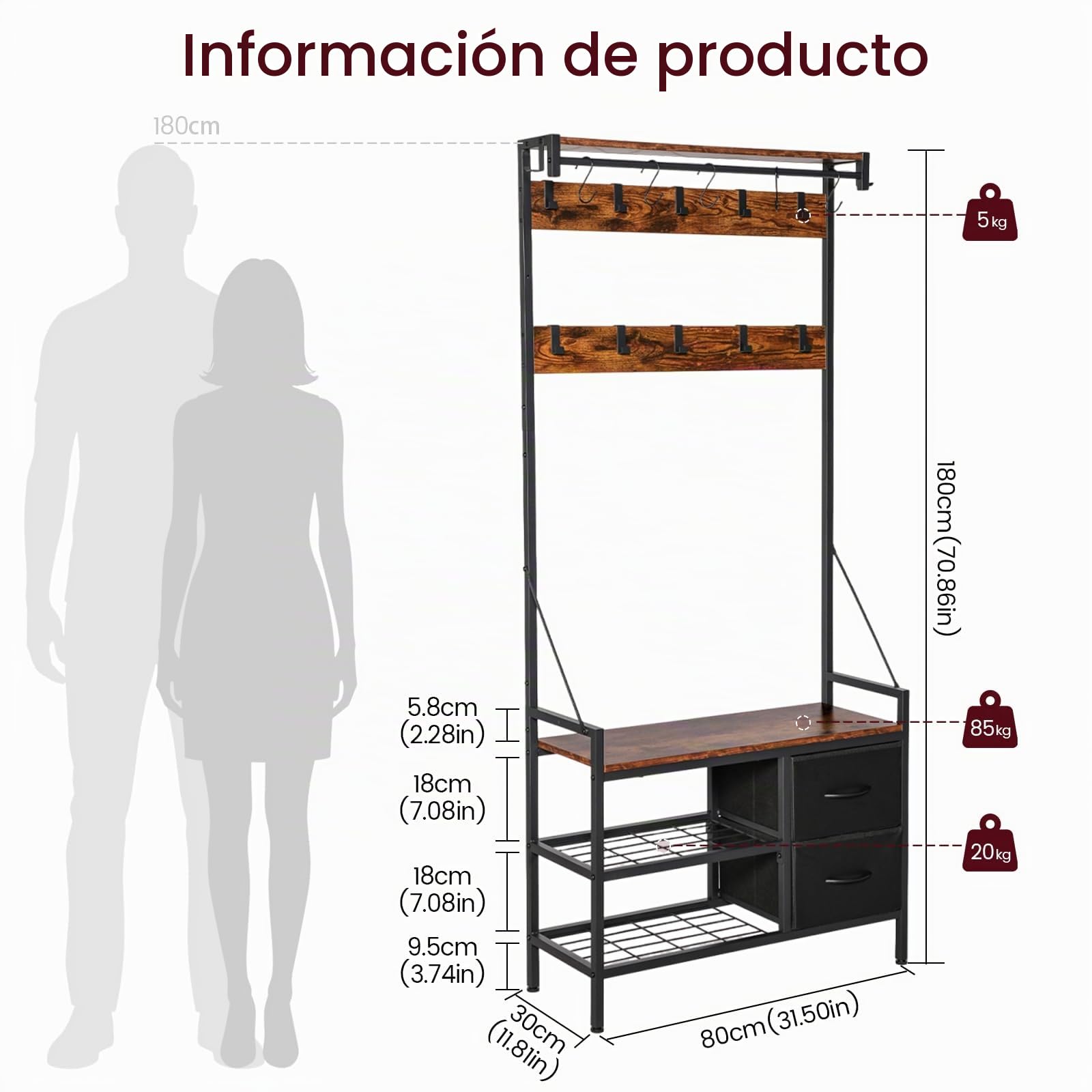 EGGREE Perchero Recibidor 6 en 1, Mueble de Entrada con 15 Ganchos Extraíbles, 2 Cajones, Banco Zapatero, Diseño Separable, Industrial, para Entrada Pasillo, 80 x 30 x 180 cm, Marrón Rústico y Negro
