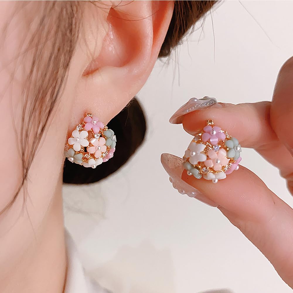 Dainty Flower Hoop Earrings Cute Colorful Pearl Rhinestone Floral Earrings Lightweight Blossom Statement Earrings Jewelry Accessory for Women Wife - Image 5