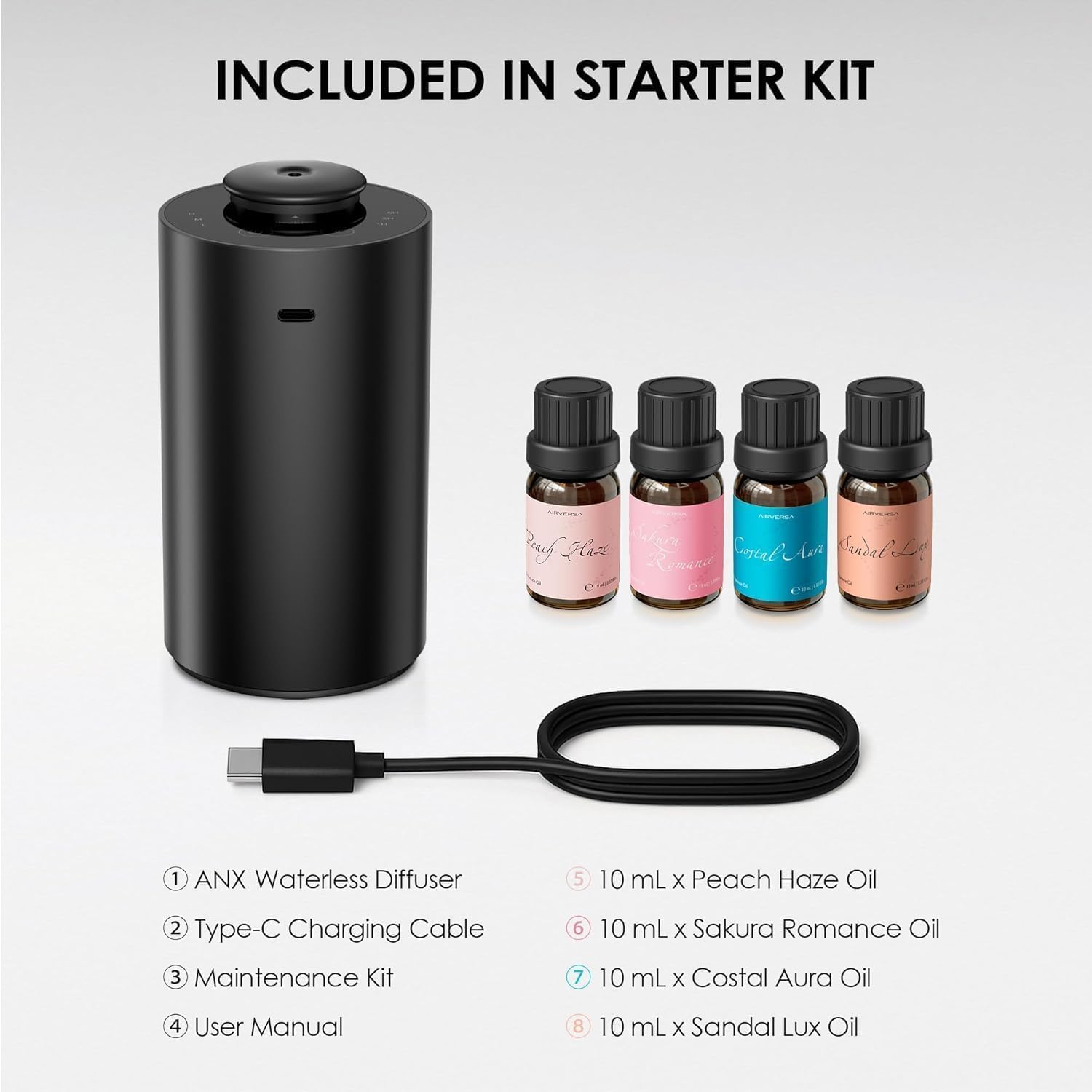 Airversa Waterless Essential Oil Diffuser Starter Kit with 4 x 10mL Fragrance Scent Oil, Battery Operated Mini Scent Air Machine Portable Diffuser for Home Car Office, ANX Black