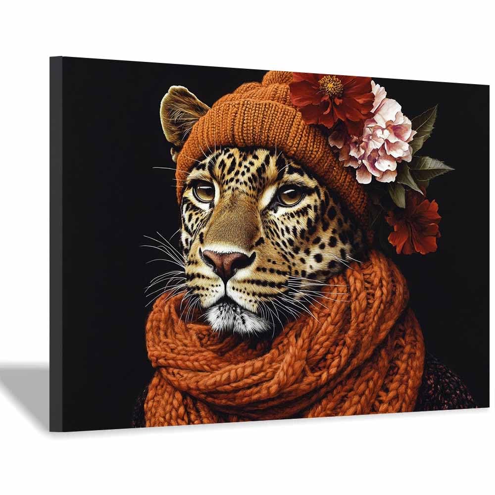 BOHUO Tier Lustige Tiere Badezimmer Wandbilder Leinwand Blumenleopard Vintage Blumen Bild für Badezimmer Schlafzimmer Dekor(Orange 96)-50x70cm Gerahmt