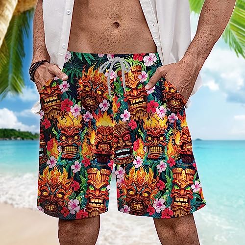 Tiki Mens Bathing Suits - Beach Shorts for Mens Tiki Lover Swim Trunks Board Shorts Swimwear Set o22