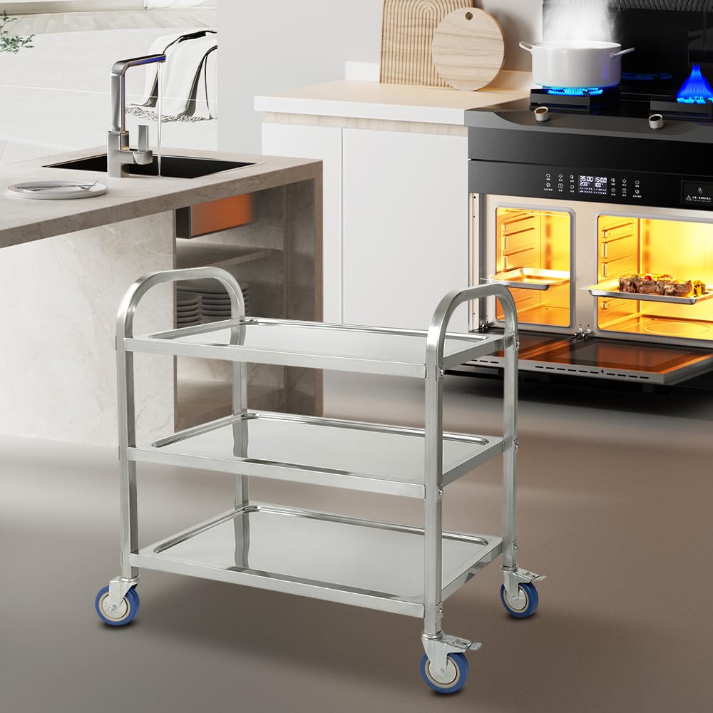 LANTUS Carro de servicio de cocina con ruedas de 3 estantes, carrito de servicio con ruedas, 95 x 55 x 95 cm, acero inoxidable. Cromado