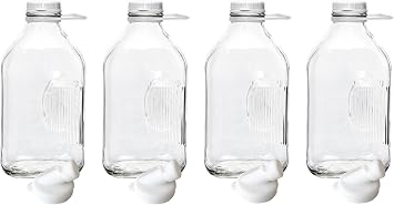The Dairy Shoppe Heavy Glass Milk Bottles - Jugs with Lids, Silicone Pour Spouts - Clear Milk Containers for Fridge - Reusable Glass Milk Jug Dispenser - Made in USA 64 oz, 4 Pack